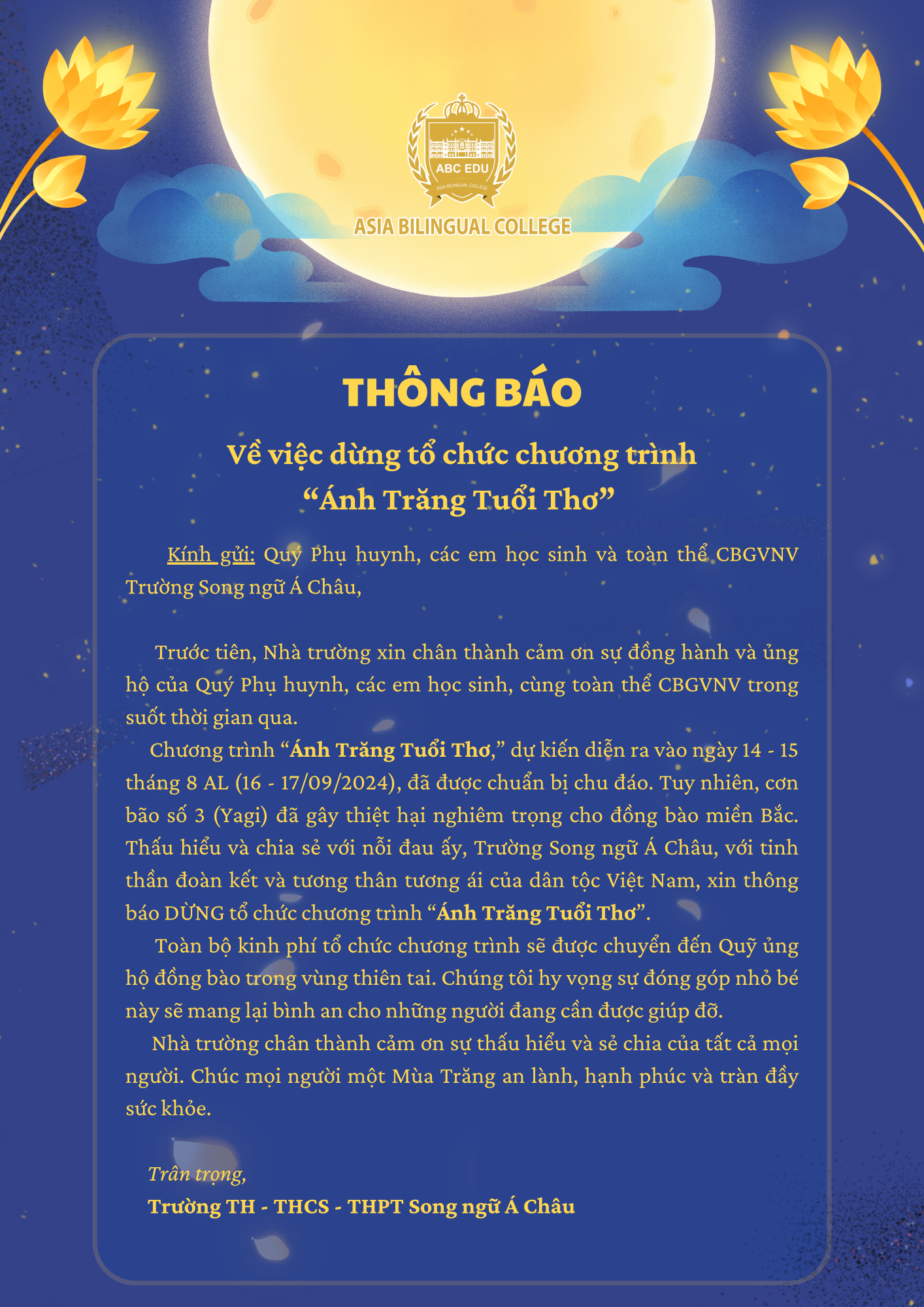 Trường TH-THCS-THPT Song ngữ Á Châu trân trọng thông báo!